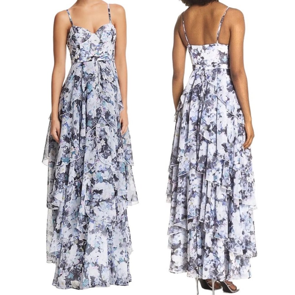 Fame and Partners The Catherine Tiered Bustier Floral Print Gown Maxi Dress